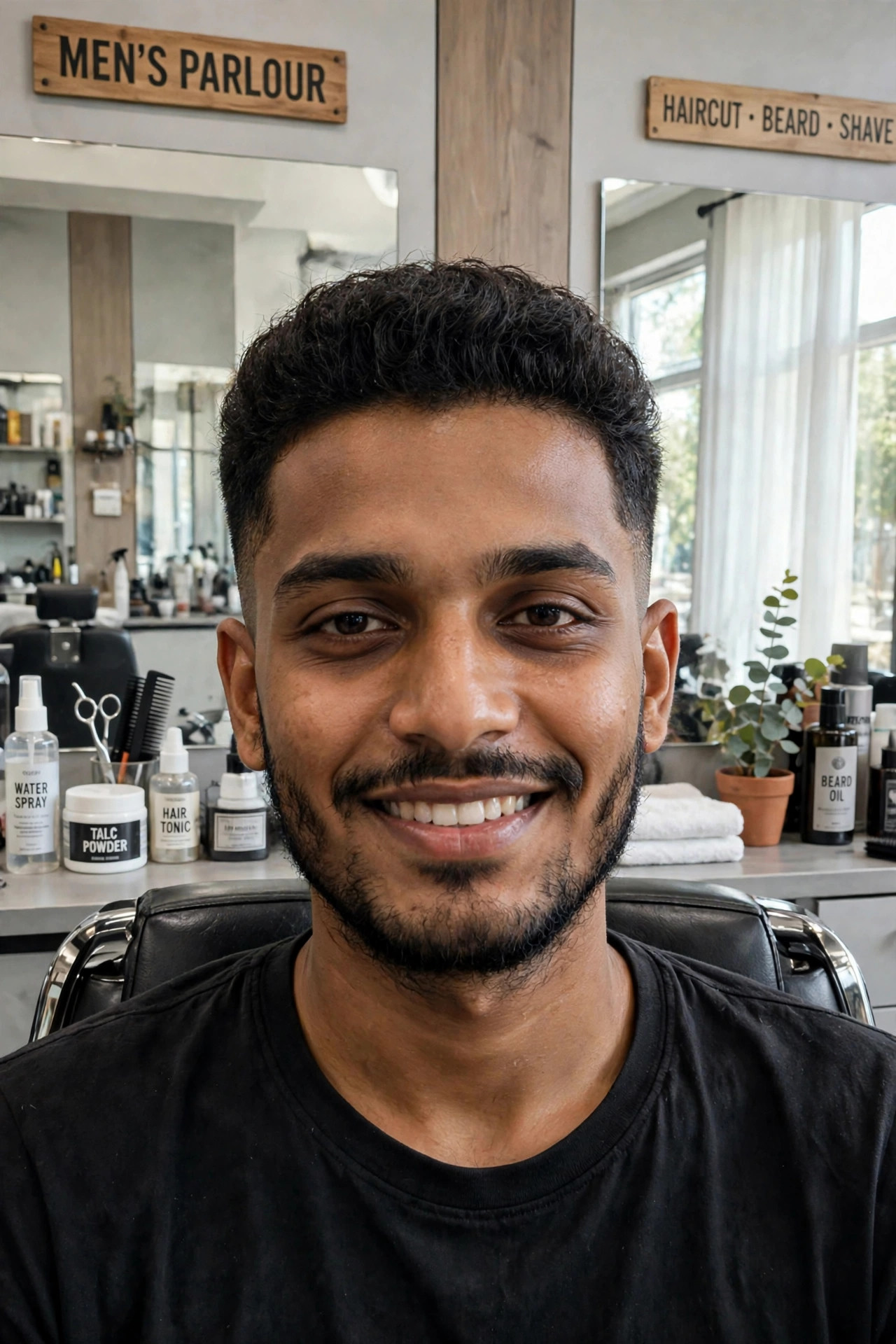 Same man sharp and confident after trendy haircut and beard shaping