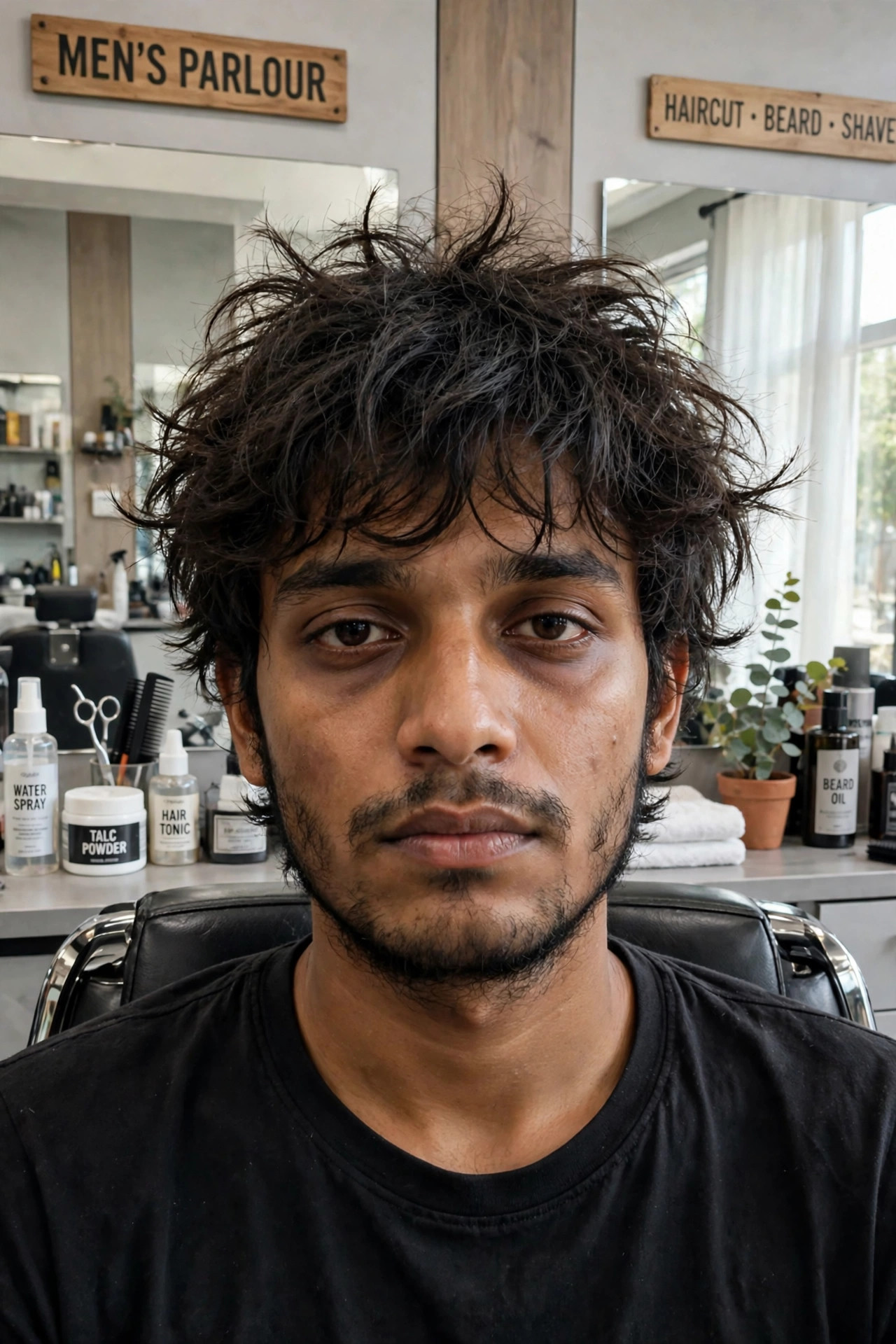 Young man unkempt with shaggy hair and patchy beard before grooming